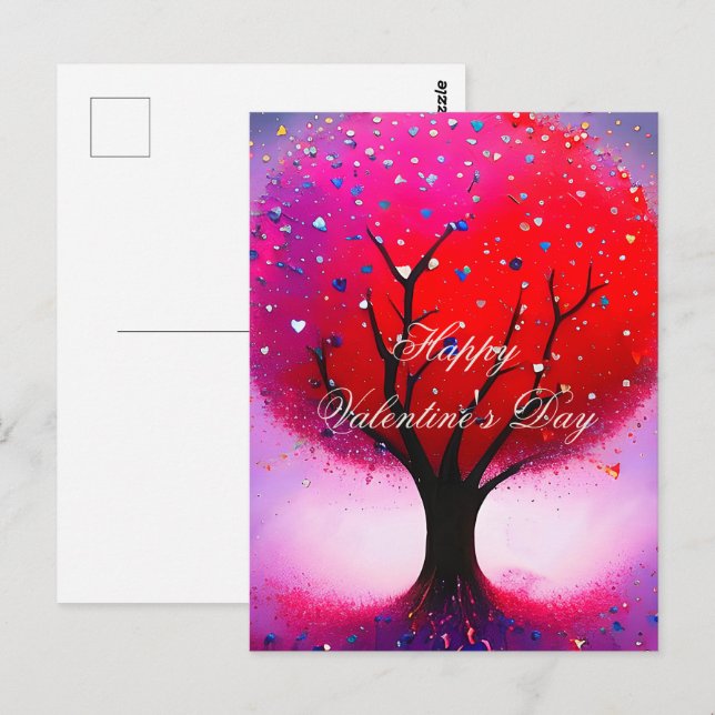 Postal Árbol rojo y San Valentín de corazones (Anverso / Reverso)