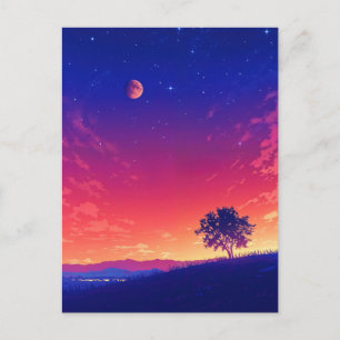 Postal Árbol vibrante de la puesta de sol y luna de sangr