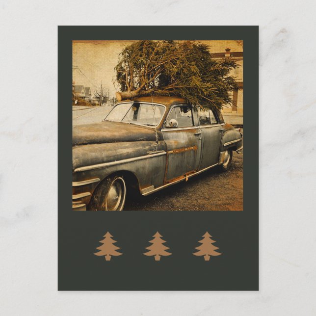 Postal Árbol vintage navideño-navideño en auto (Anverso)