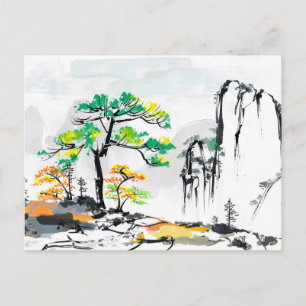Postal Árbol y paisaje con pueblo de montaña