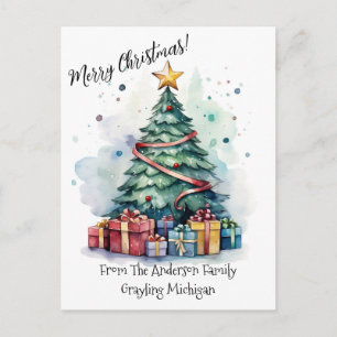 Postal Árbol y regalo de navidad de acuarela navideña