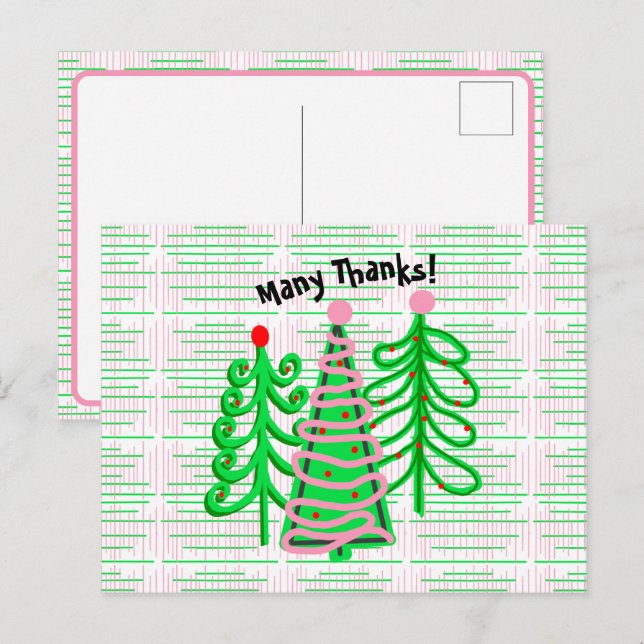 Postal Árboles de Navidad verdes rosados Gracias (Anverso / Reverso)