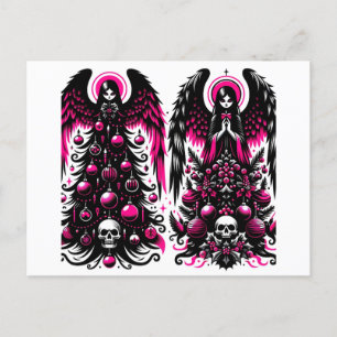 Postal Árboles navideños góticos rosados y ángel negro