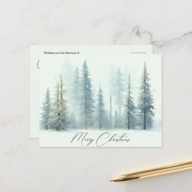 Postal Árboles nevados acuarela Navidad personalizada (Anverso/Reverso In Situ)