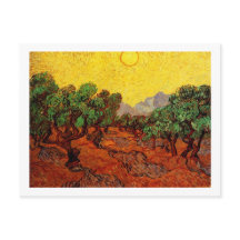 Árboles olivos con cielo amarillo y sol