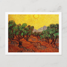 Postal Árboles olivos con cielo amarillo y sol