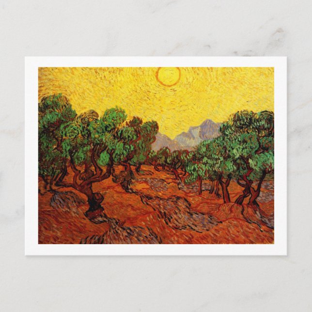 Postal Árboles olivos con cielo amarillo y sol (Anverso)