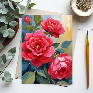 Postal Arbusto de Rosa Roja   Pintura Floral Acuarela
