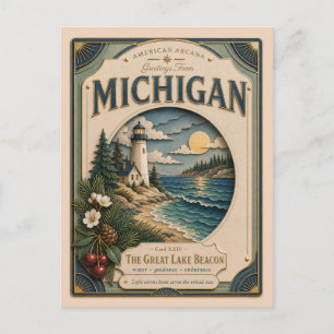 Postal Arcana Americana de Michigan en Papel Cortado Vint