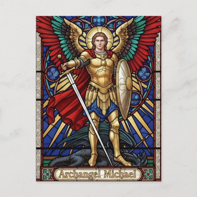 Postal Archangel Michael - Colorful Stained Glass Angel (Anverso)