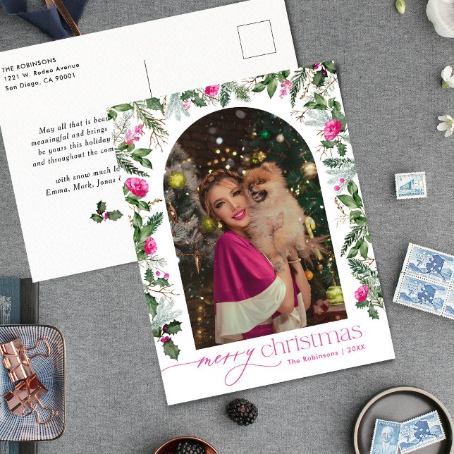 Postal Arco botánico rosa brillante 1 foto Feliz Navidad (Subido por el creador)