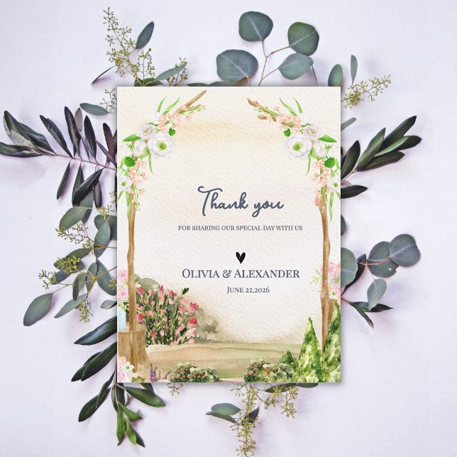 Postal Arco de Jardín con Acuarela Romántico Agradecimien (Watercolor Garden Arch Wedding Thank You Card Romantic Botanical Floral Thank You Note)