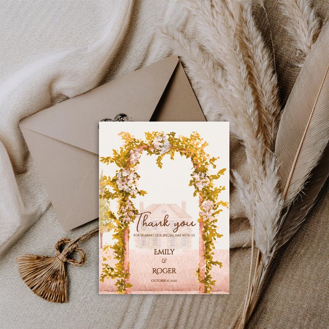Postal Arco de Jardín Rústico Agradecimiento de Boda en e (Rustic Garden Arch Wedding Thank You Card Elegant Watercolor Floral Countryside Wedding Thank You)