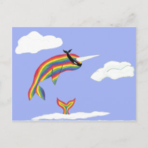Postal Arco iris Ninja Narwhal que vuela