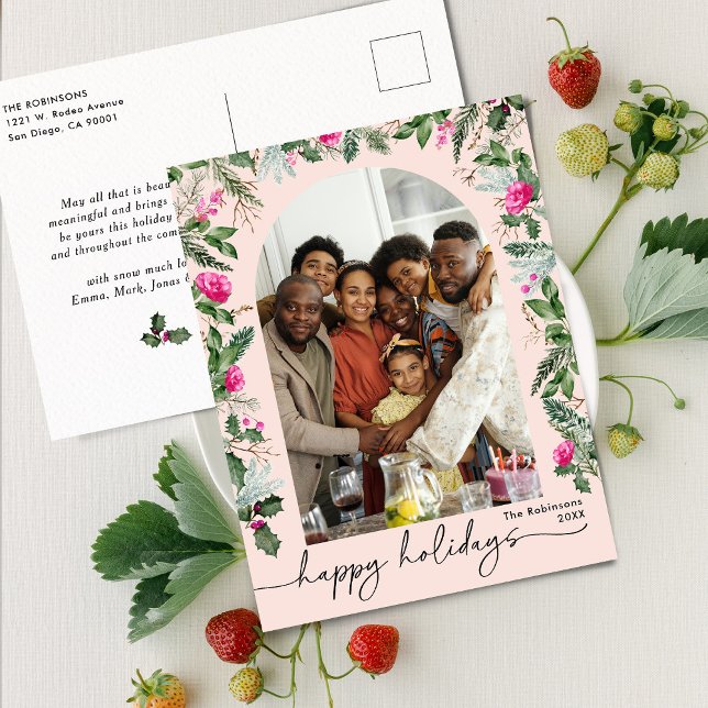 Postal Arco verde de Rubor Pink Berries Felices Fiestas (Subido por el creador)