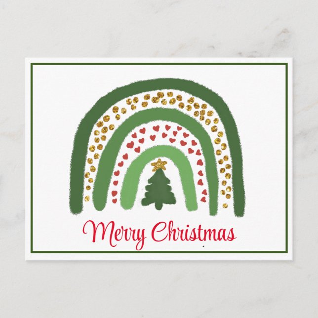 Postal Arcoíris de Navidad brillo rojo dorado verde (Anverso)