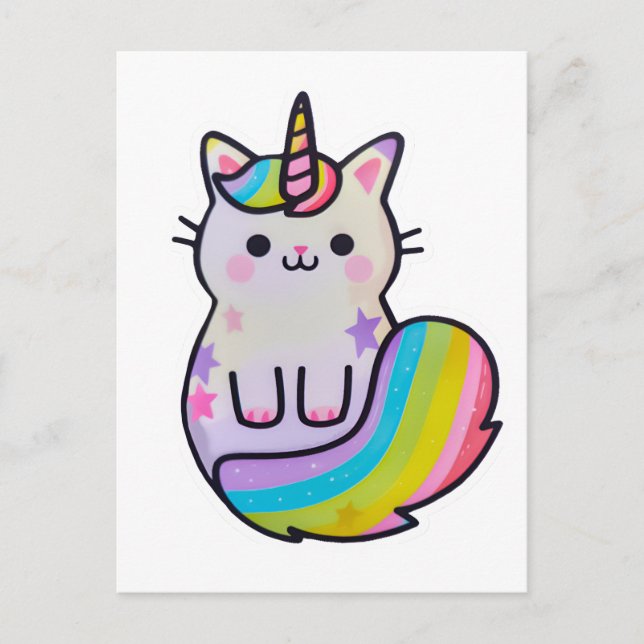 Postal Arcoiris unicornio de gato blanco (Anverso)