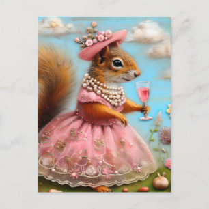 Postal Ardilla Adorable con un vestido rosa