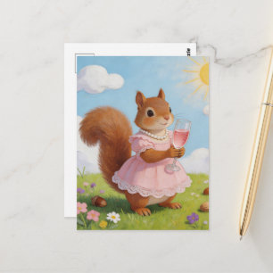 Postal Ardilla adorable con vestido rosa y bebida