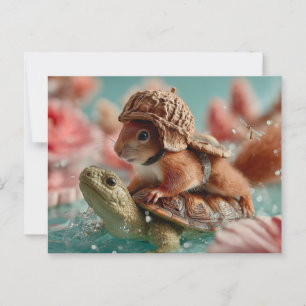 Postal Ardilla caprichosa montando una tortuga