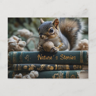 Postal Ardilla con nuez en libros antiguos, historia de l