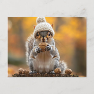 Postal Ardilla en el Gorra de Knit sosteniendo la nuez
