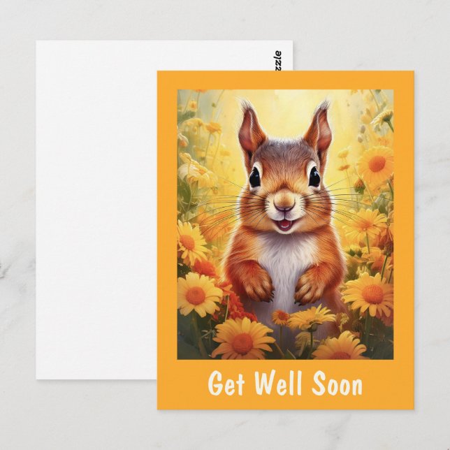 Postal Ardilla en flores amarillas, que te mejores pronto (Anverso / Reverso)