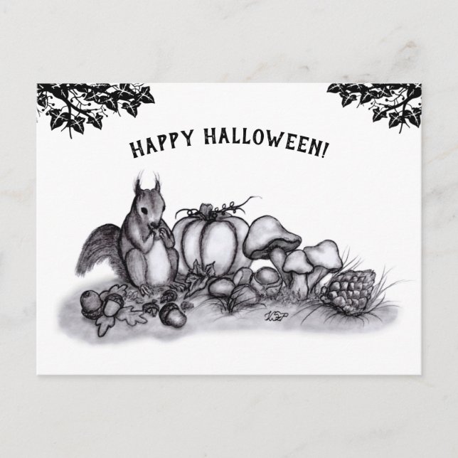 Postal ardilla en otoño, ¡Feliz Halloween! (Anverso)