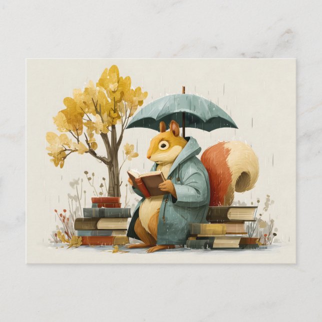 Postal Ardilla leyendo libros bajo un paraguas (Anverso)