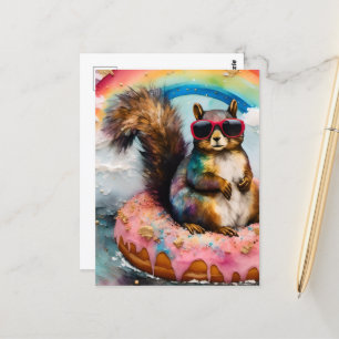 Postal Ardilla sobre donut glaseado flotante gracioso dul