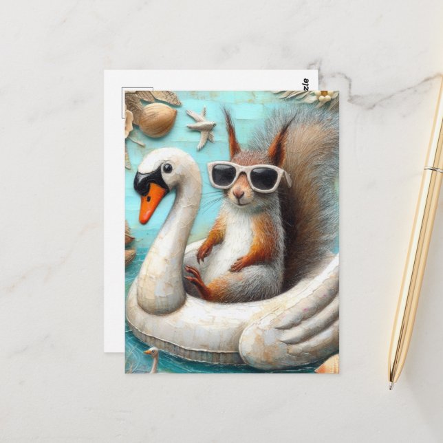 Postal Ardilla sobre la ración divertida del cisne flotan (Anverso/Reverso In Situ)
