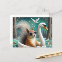 Ardilla suave en una flotación de cisne con cisnes
