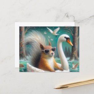 Postal Ardilla suave en una flotación de cisne con cisnes