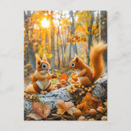 Postal Ardillas reuniendo cuernos en el suelo forestal