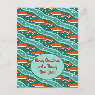 Postal Ardillas saltando en la nieve sobre un árbol verde