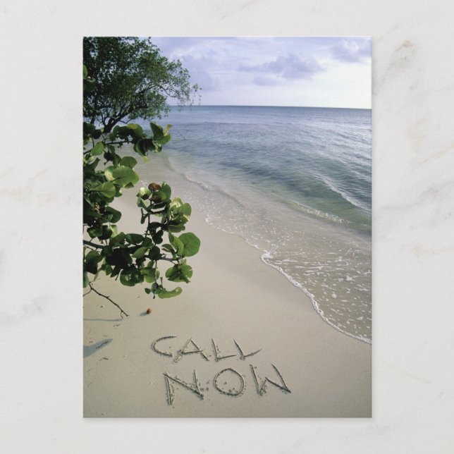 Postal Arena de 'Call Now' escrita en la playa, Jamaica (Anverso)