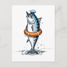 Postal Arenque con salvavidas en ilustración de tinta mar