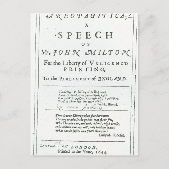 Postal Areopagitica' un discurso de John Milton (Anverso)