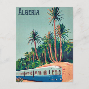 Postal Argelia, tren pasando por las palmeras