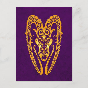 Postal Aries amarillos intrincados Zodiac en morado