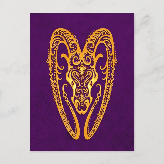 Postal Aries amarillos intrincados Zodiac en morado (Anverso)