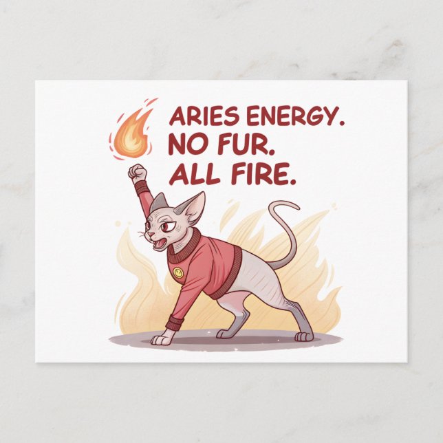 Postal Aries Energy Gato Sphynx Sin Piel Todo Fuego Arte (Anverso)