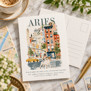 Postal Aries Zodíaco Ciudad de Nueva York Acuarela