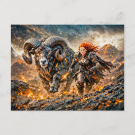 Postal Aries Zodíaco con Guerrero y Carnero Cargando