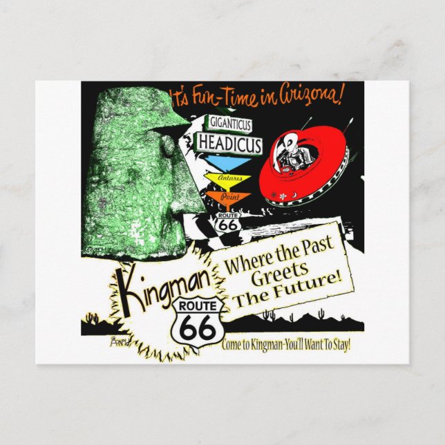 Postal Arizona Fun-Time estilo 1950 Alien UFO Route 66 (Anverso)
