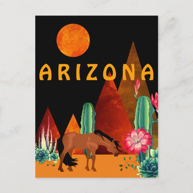 Postal Arizona ~ Montañas, desierto, caballo y luna llena (Anverso)