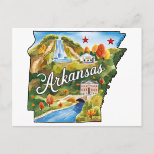 Postal Arkansas EE. UU. Estado con forma de acuarela vint