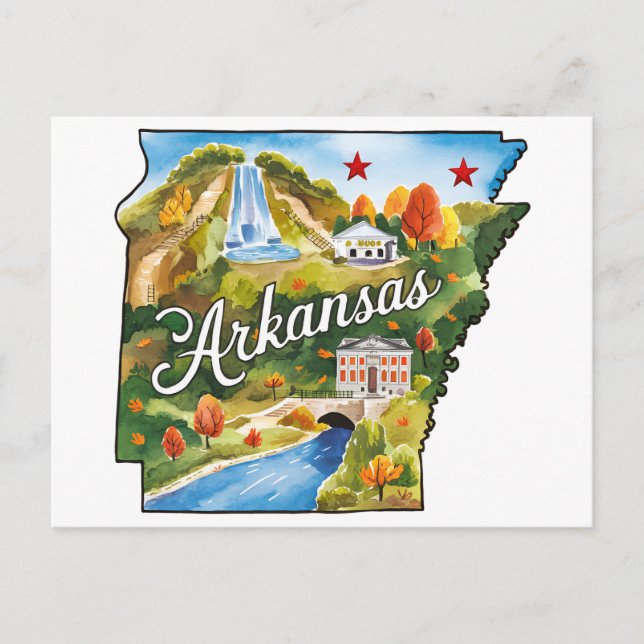 Postal Arkansas EE. UU. Estado con forma de acuarela vint (Anverso)