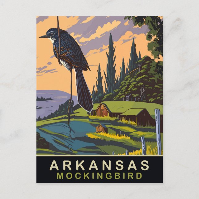 Postal Arkansas, Mockingbird en una granja, viajes (Anverso)