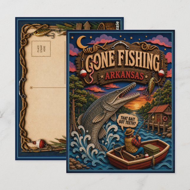 Postal Arkansas Se Fue a Pescar Alligator Gar (Anverso / Reverso)